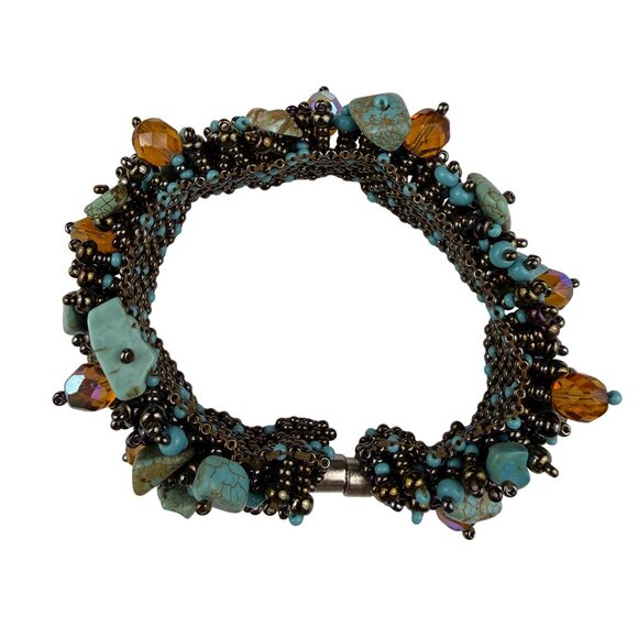 Vintage Capullo Magnetic Handwoven Seed Turquoise Beaded Bracelet - Picture 2 of 5